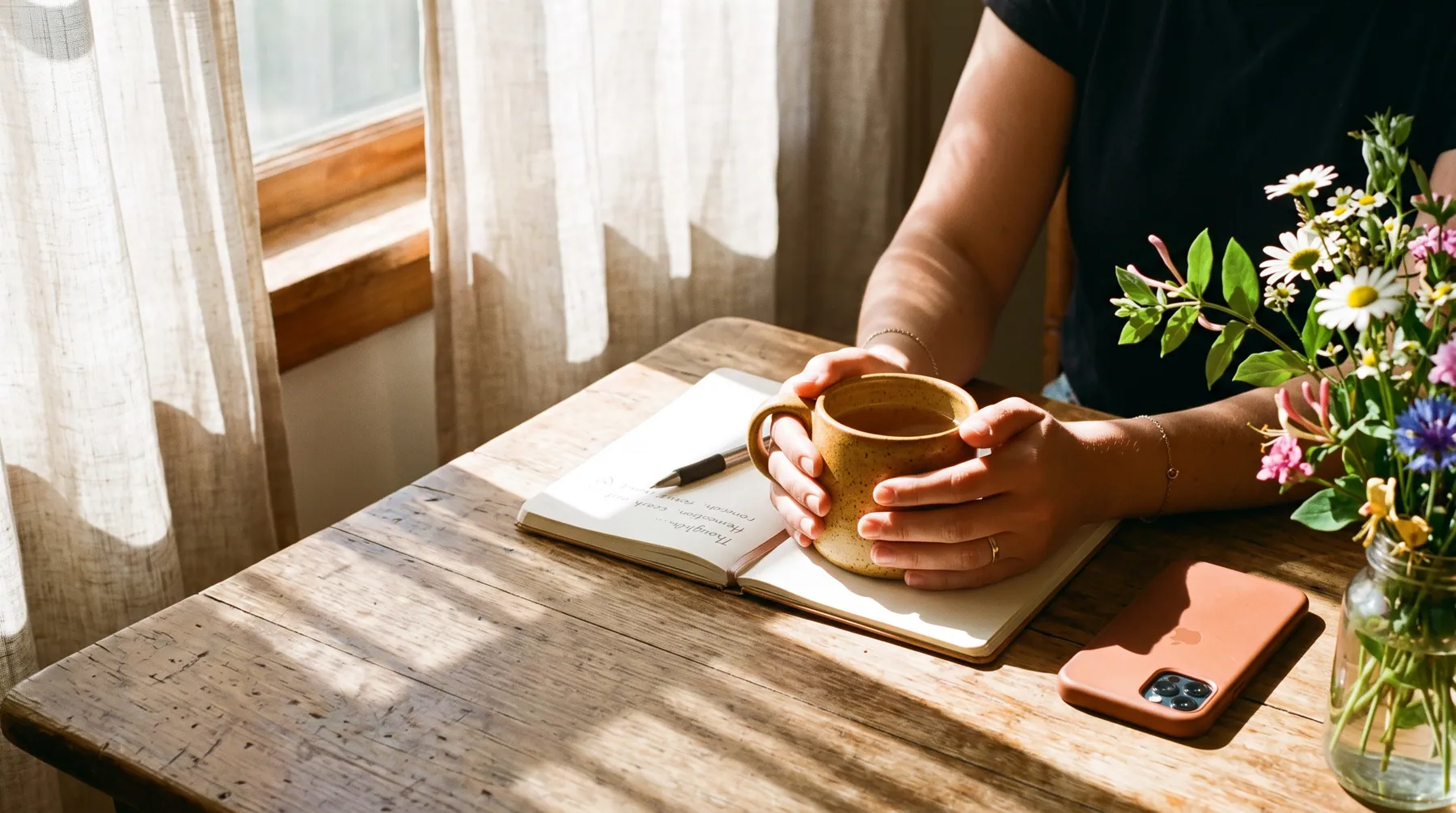 Hände halten eine Tasse am sonnigen Holztisch neben einem offenen Notizbuch