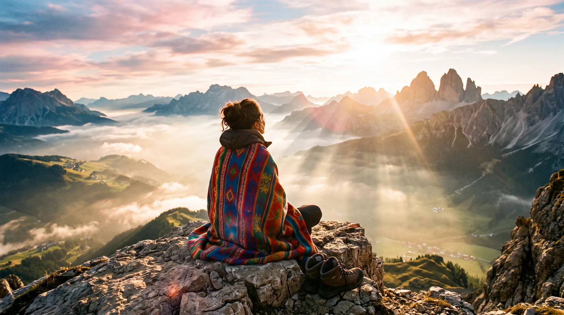 Frau sitzt in eine bunte Decke gehüllt auf einem Tiroler Bergrücken bei Sonnenaufgang