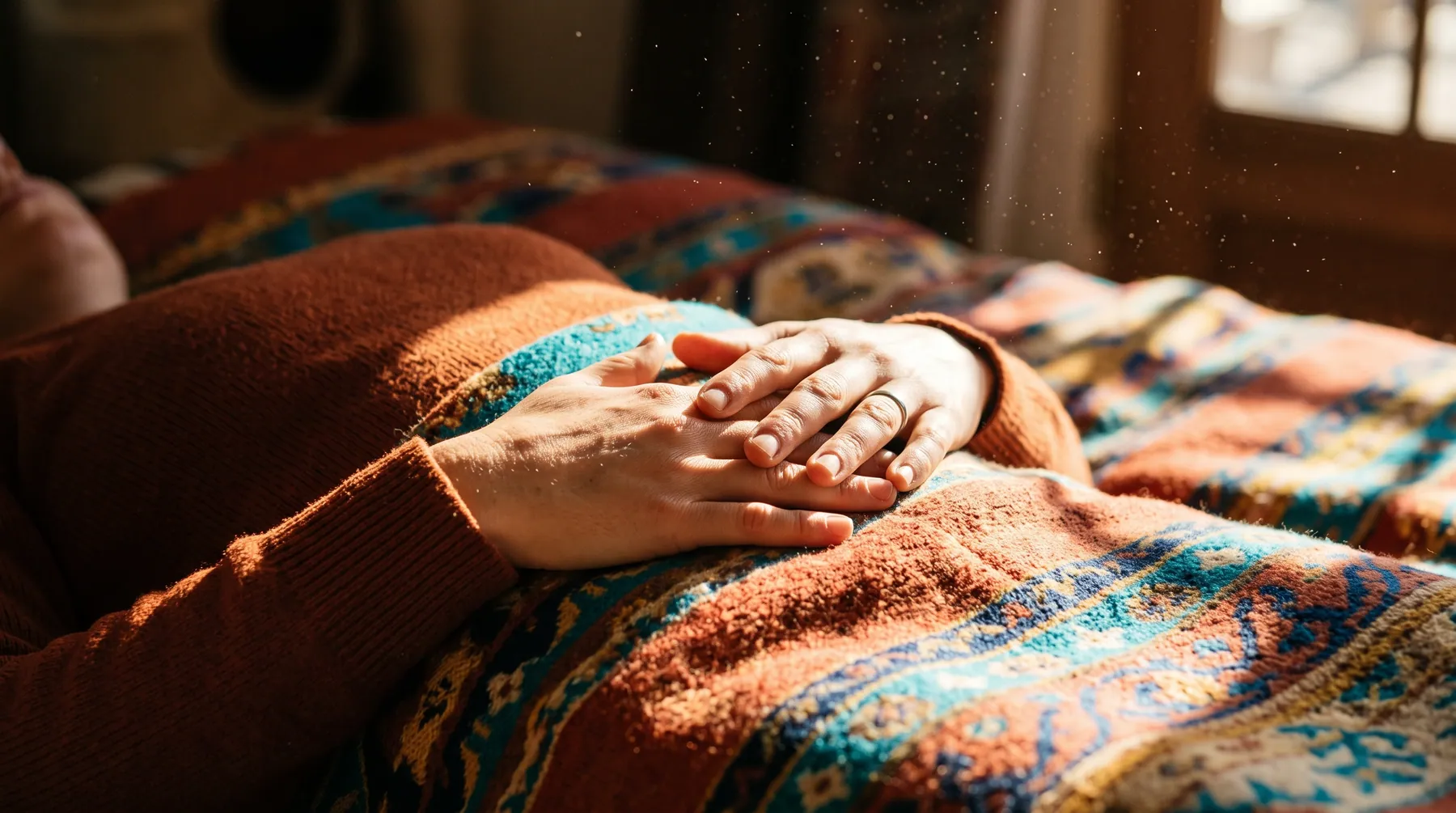 Hände liegen ruhig auf dem Bauch einer Person auf einer bunten Decke