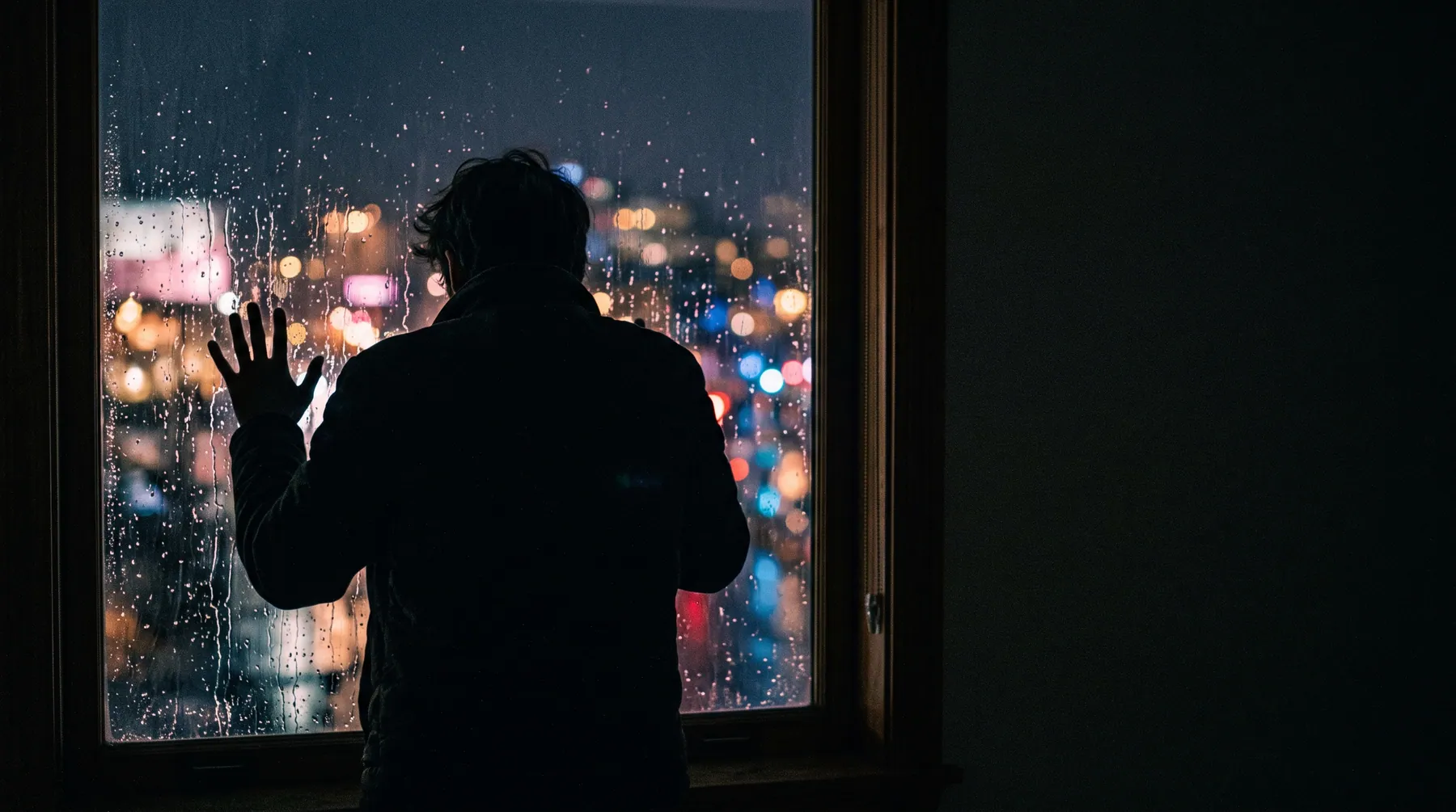 Person steht nachts als Silhouette an einem regennassen Fenster, die Schultern angespannt