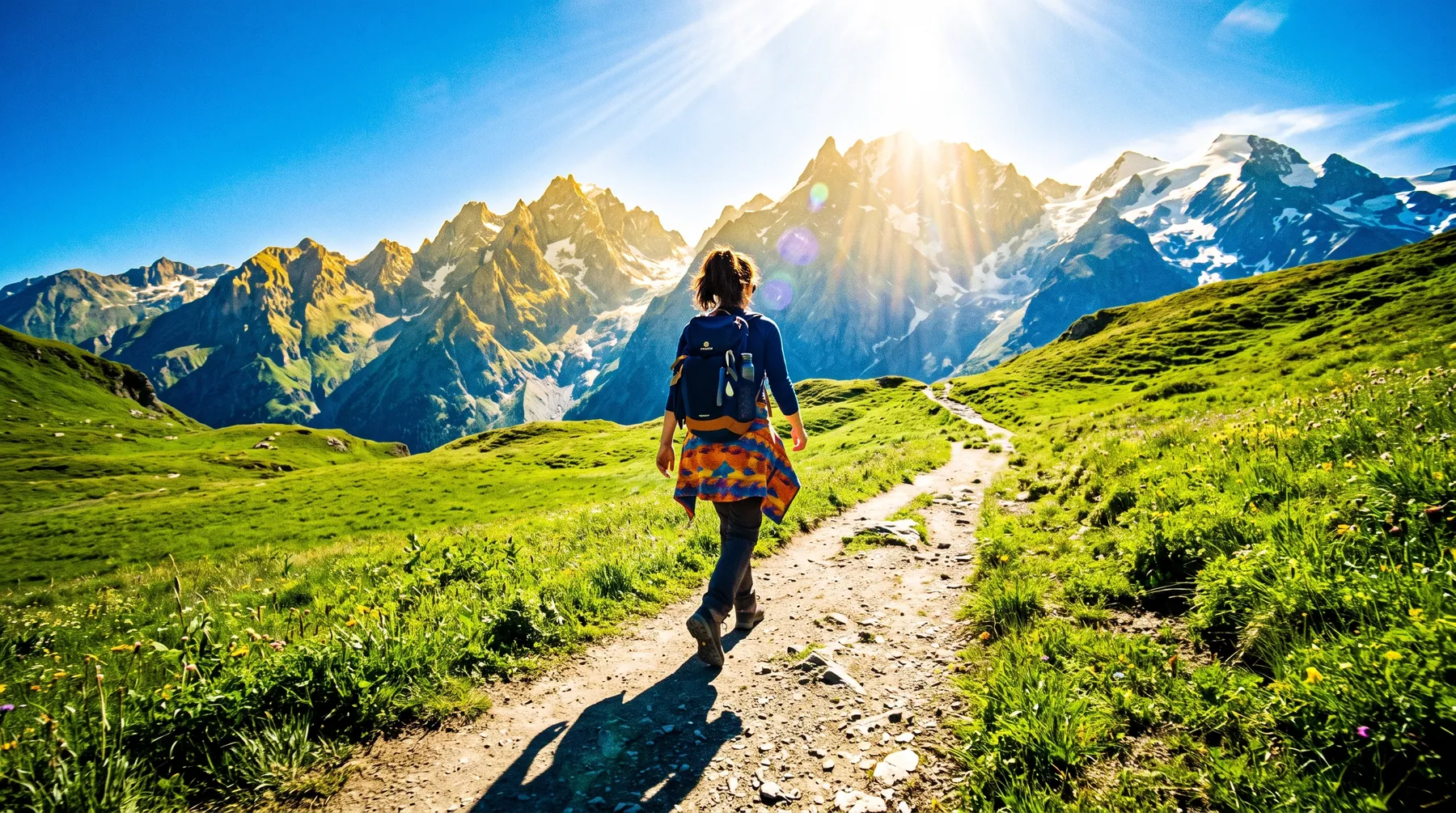 Frau geht entschlossen einen sonnigen Almweg Richtung Berge hinauf