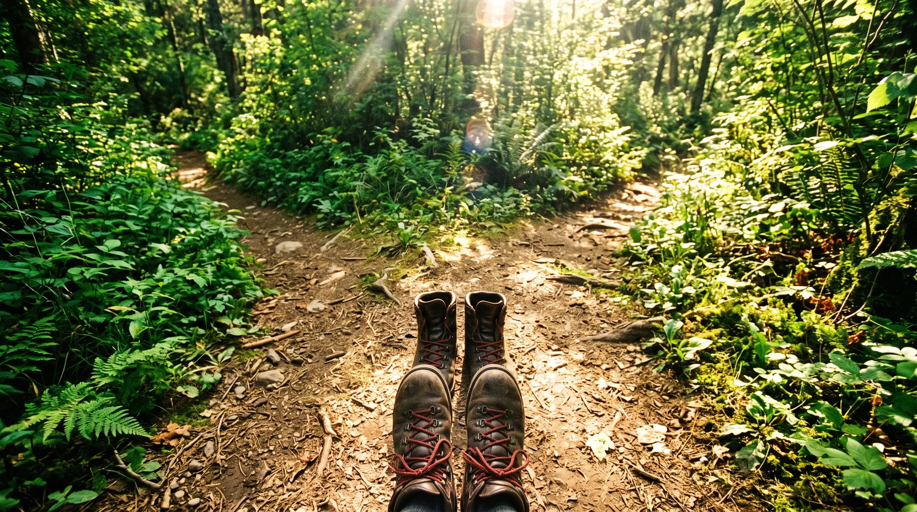 Blick von oben auf Schuhe an einer Weggabelung im sonnigen Wald
