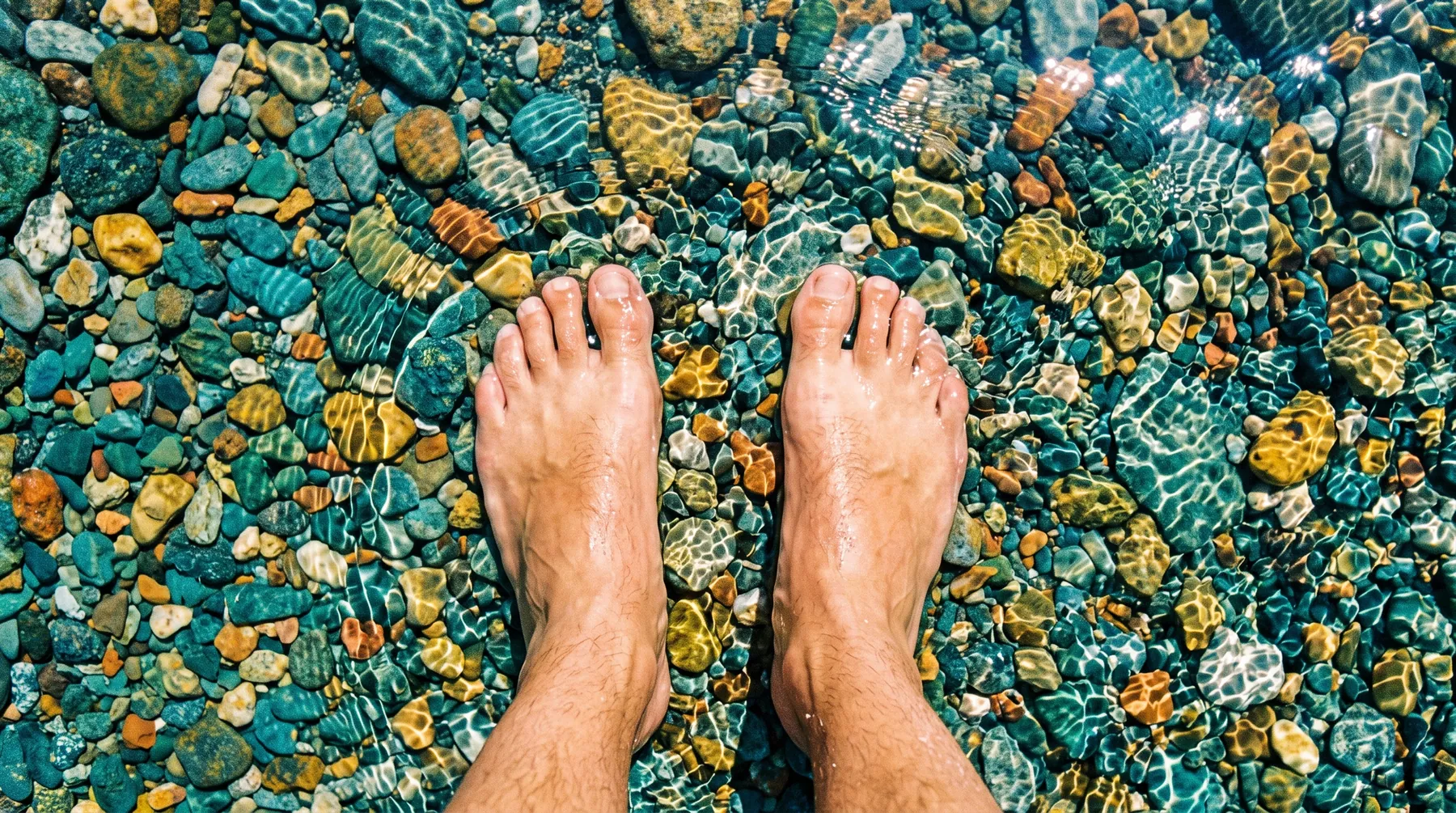 Barfuß auf bunten Kieselsteinen im flachen klaren Wasser