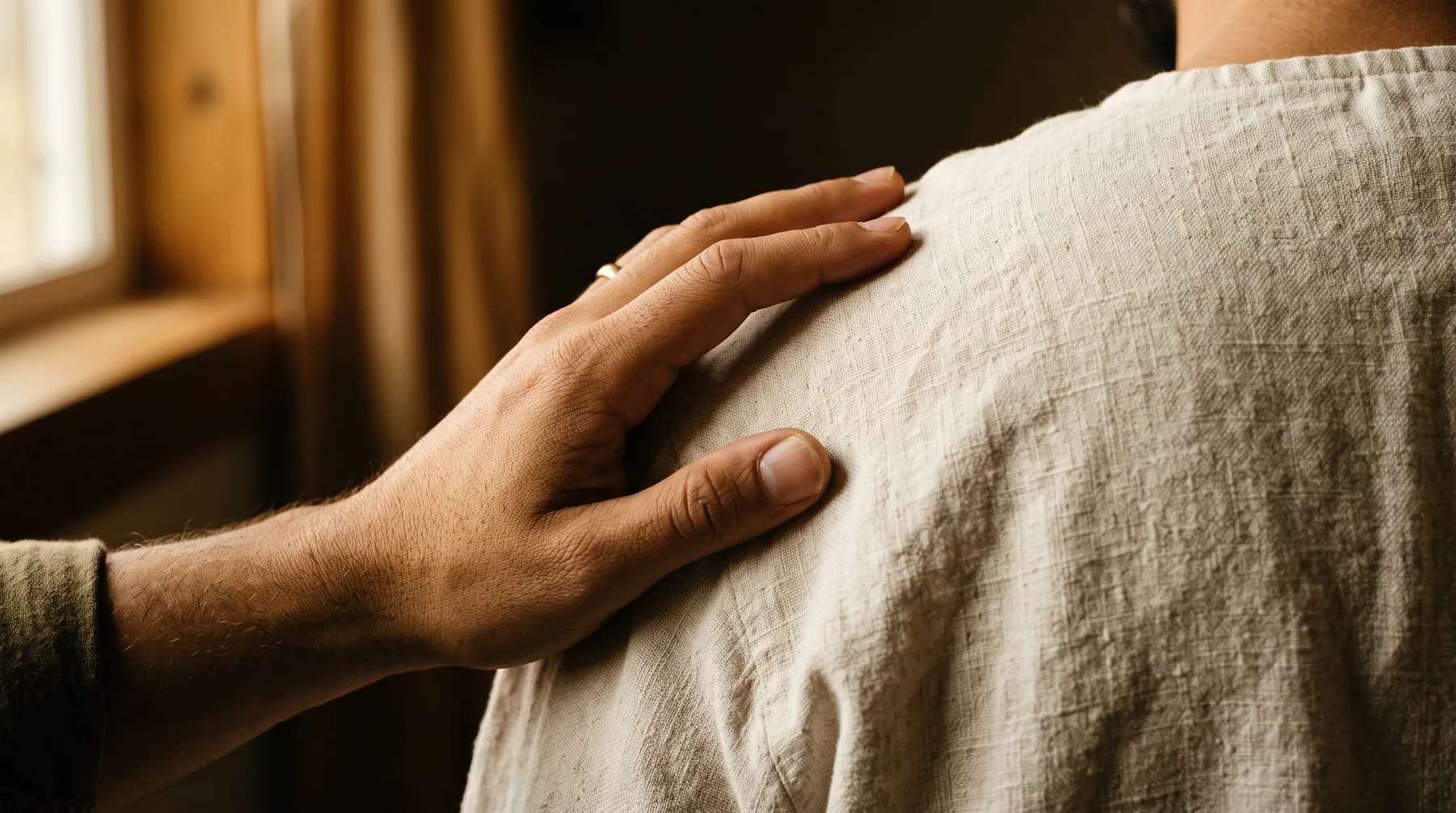 Eine Hand ruht behutsam auf einer mit Leinen bedeckten Schulter