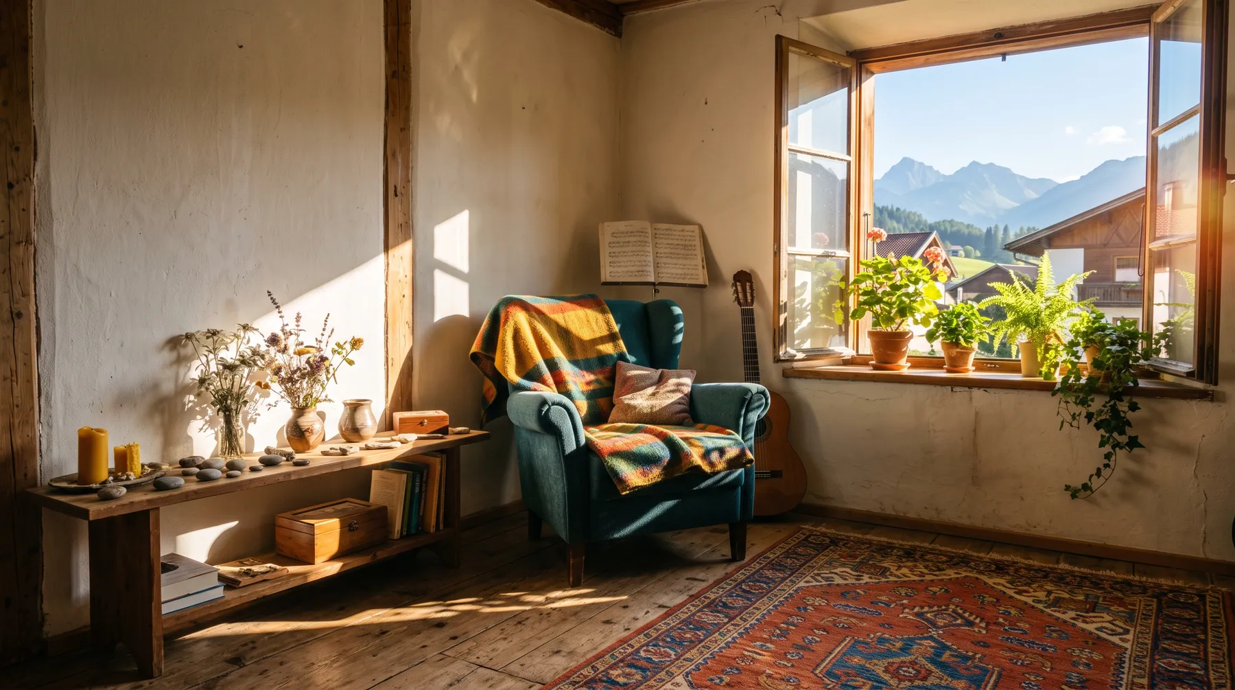 Warme Ecke einer Tiroler Altbauwohnung mit buntem Teppich und Sessel